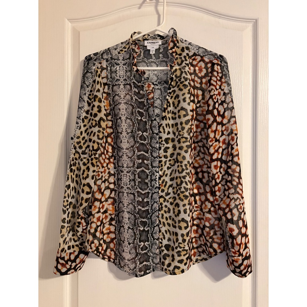 Express Portofino Shirt Women Small Multi Animal Print Sheer Slim Fit Blouse